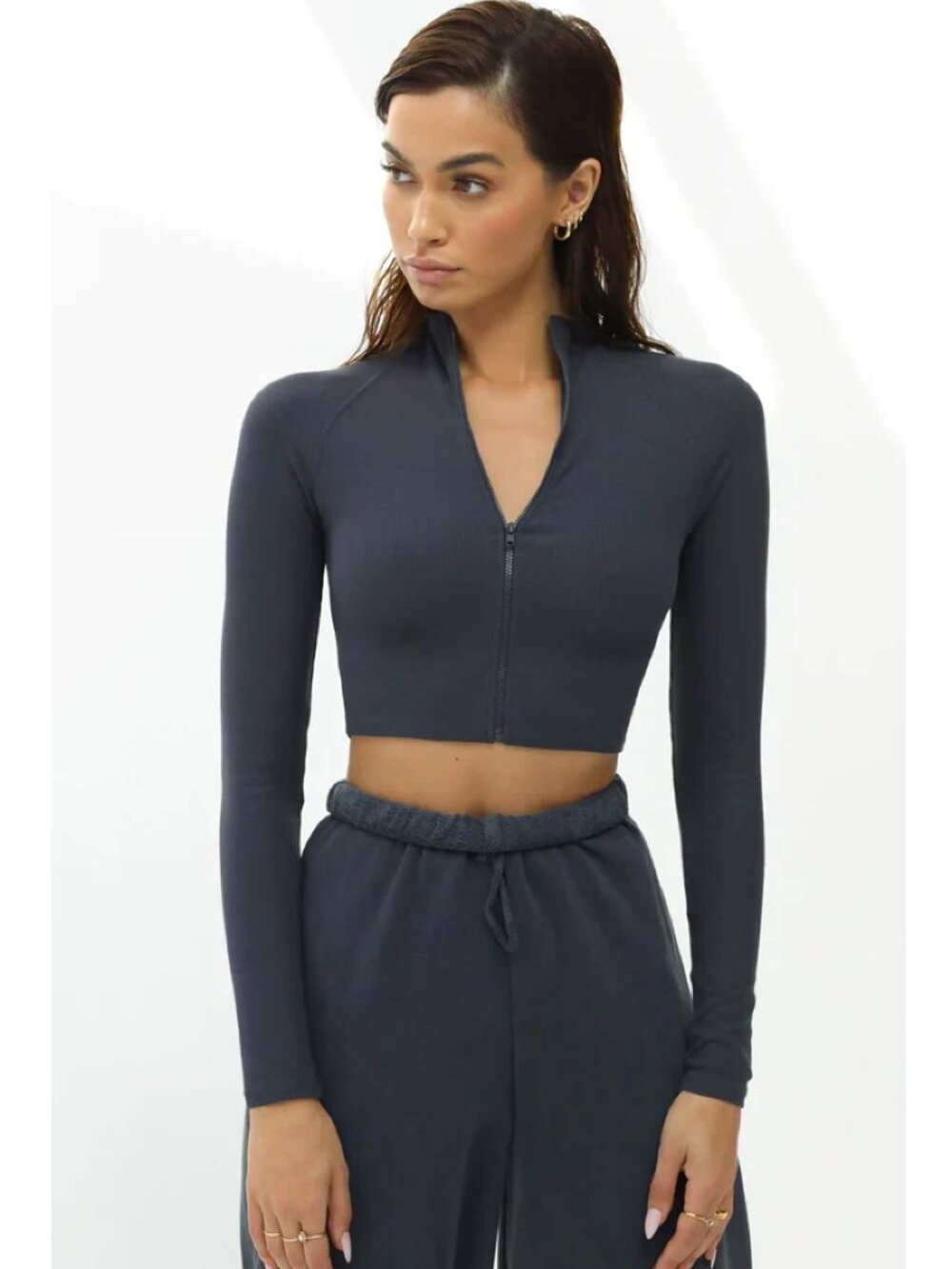 Joah Brown Long Sleeve Crop Zip Top in Vintage Navy | Size: S/M